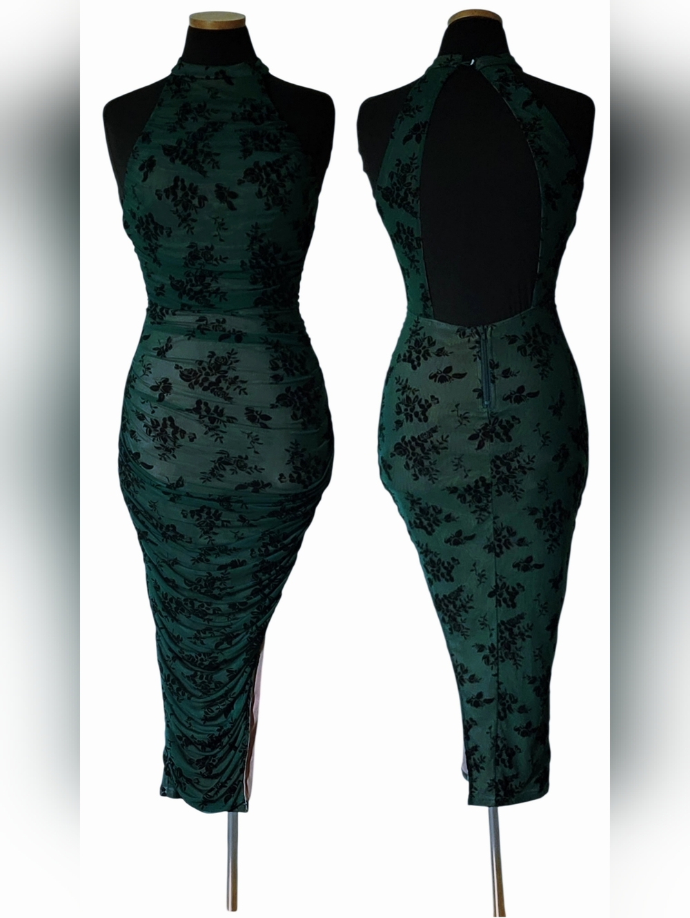 Privy Halter Sheer Velvet Embroidery Aysmetrical Back Out Zip Dress